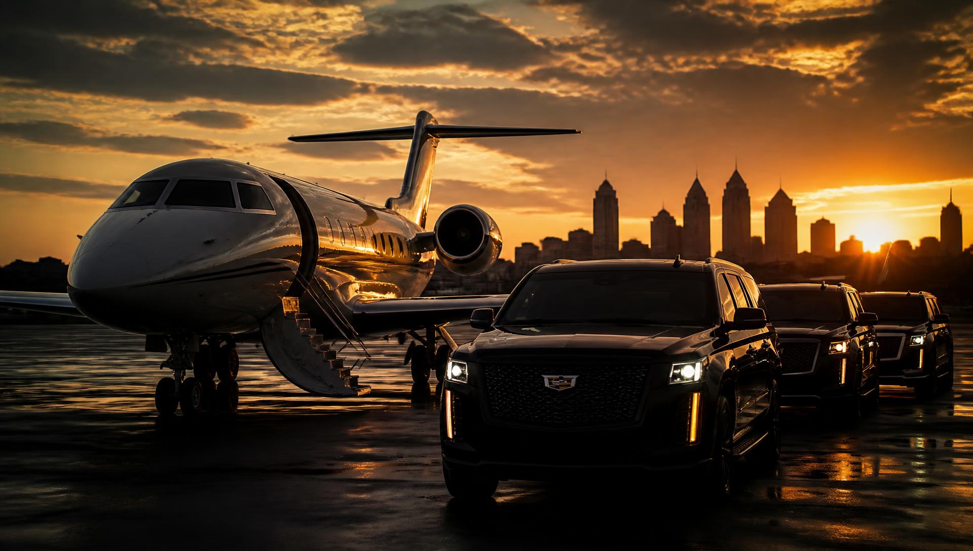 Private jet on a runway at sunset with a black luxury SUV motorcade